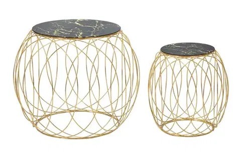 Estila Glamour sada kulatých konferenčních stolků Mino s černou skleněnou deskou s mramorovým designem a zlatou konstrukcí 68 cm