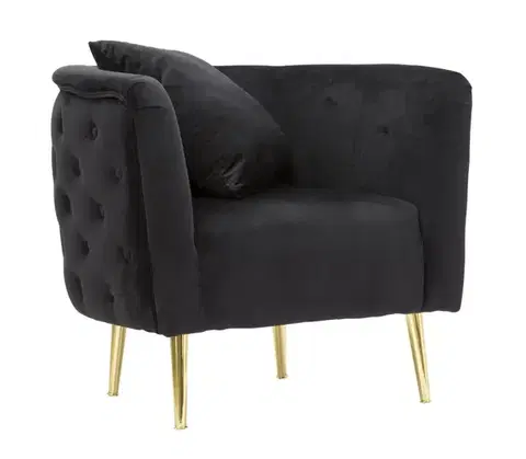 Estila Art deco zaoblené prošívané čalouněné křeslo Zeran se sametovým potahem v černé barvě se zlatými kovovými nožičkami 76 cm