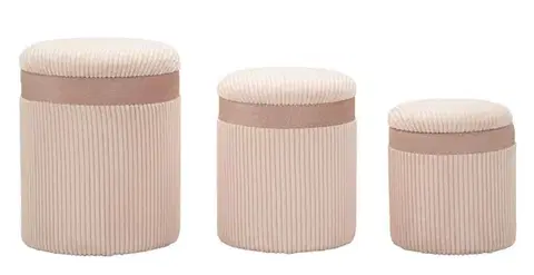 Estila Moderní set tří kulatých sametových růžových taburetek Mendy s žebrovaným potahem s úložným prostorem 49 cm