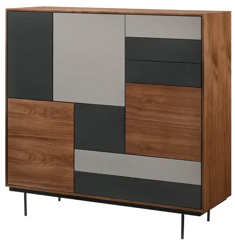 Estila Skandinávská designová komoda Nordica Nogal z ořechově hnědého dřeva se šedými a tmavě šedými zásuvkami a dvířky 130cm