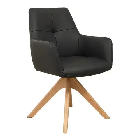 Estila Luxusní moderní černá otočná jídelní židle Elton s potahem z pravé kůže a hnědým masivním dubovým nohama 62 cm