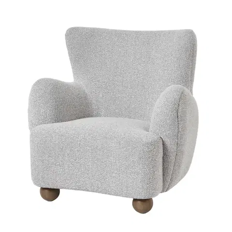 Estila Luxusní retro křeslo ušák Nuyen se světlým béžově šedým potahem a kulatými dřevěnými hnědými nožičkami 96 cm