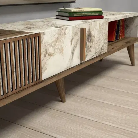 TV stolek Milan - Walnut, White Marble