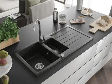 MEXEN Andres granitový dřez 1.5 s odkapávačem 1000x500 mm, černá / zlatá kovová 6515101510-75