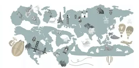 Moderní dětská nálepka na zeď v jemné pastelové barvě mapa světa 80 x 160 cm