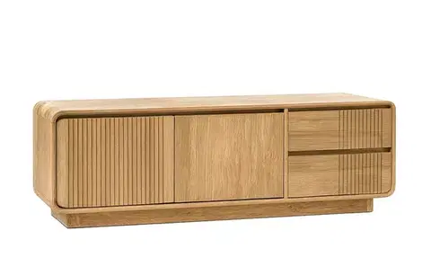 Estila Luxusní retro televizní stolek Riga ve světle hnědé barvě se dvěma dvířky a dvěma šuplíky se zaoblenými hranami 160 cm