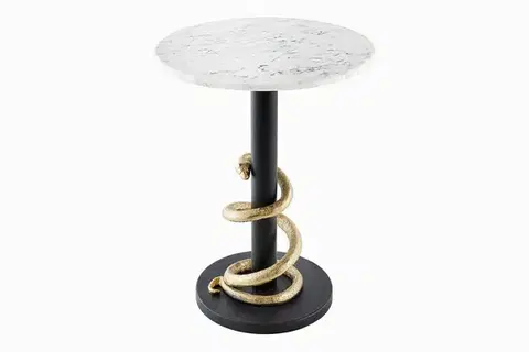 Estila Stylový art deco příruční mramorový stolek Tierra Glam s kulatou bílo šedou deskou a černou nohou s hadí dekorací 54 cm