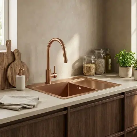 REA/S Ocelový dřez Fin BRUSH COPPER s kuchyňskou baterií KPL-06018