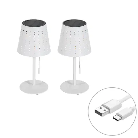Sada 2 stolních lamp bílých včetně LED 3-stupňový stmívač dobíjecí a solární - Ferre