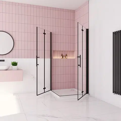 H K Sprchový kout MELODY BLACK R128, 120x80 se zalamovacími dveřmi včetně sprchové vaničky z litého mramoru SE-MELODYBLACKR128/THOR-12080