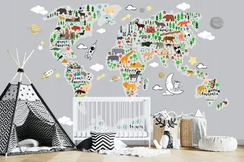 Originální barevná dětská nálepka na zeď barevné mapy světa 120 x 240 cm