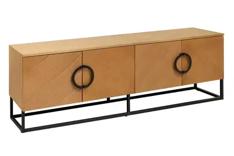 Estila Moderní art deco TV stolek Arkline ve světlém hnědém dubovém provedení se čtyřmi dvířky s diagonálním vzorem 180 cm