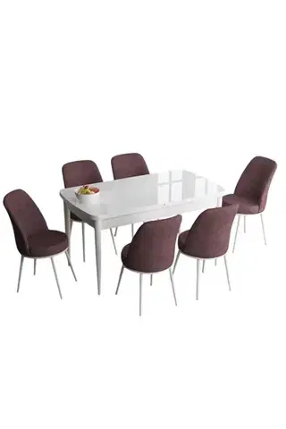 Extendable Dining Table & Chairs Set (7 Pieces) Han - White, Dusty Rose