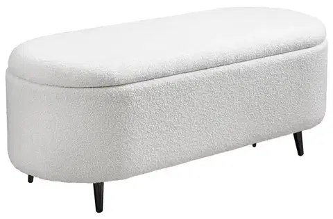 Estila Designová art deco zaoblená lavice Yara s úložným prostorem s bílým buklé potahem s černými kovovými nožičkami 110 cm