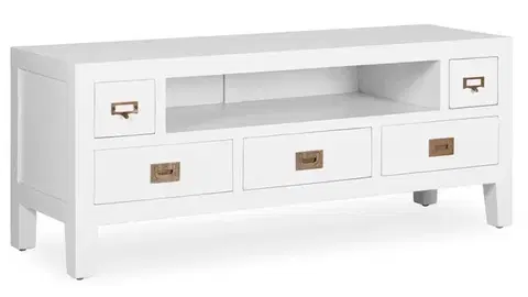 Estila Designový koloniální TV stolek Blanc s policí a šuplíky v bílé barvě 125 cm