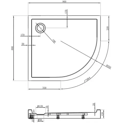 MEXEN Flow+ Sprchová vanička čtvrtkruh asymetrická levá 90 x 80, černá mat 46Q708090LH
