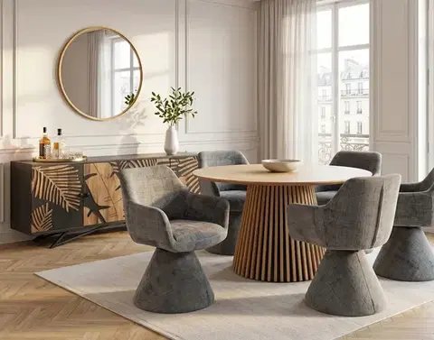 Estila Moderní art deco jídelní sestava Davidson se světlým a tmavým hnědým dřevem s šedým čalouněním a zlatým akcentem