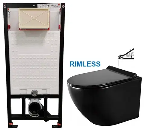 DEANTE Podomítkový rám, pro závěsné WC mísy bez tlačítka + WC MEXEN LENA ČERNÁ Rimless + SEDÁTKO CST_WC01 X ME01