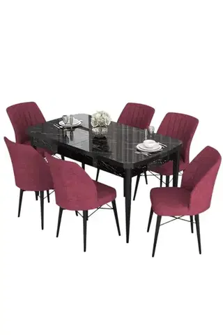 Extendable Dining Table & Chairs Set (7 Pieces) Eva - Black Marble, Burgundy