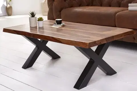 Estila Industriální designový konferenční stolek Sheesham z masivního palisandrového dřeva s černými kovovými nohami 110cm