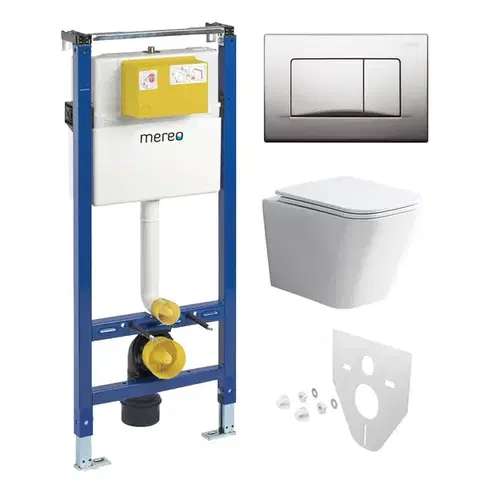 Mereo WC set Rimless WC hranaté, modul pro sádrokarton, chrom hranaté tlačítko matné MM02NSETRS321