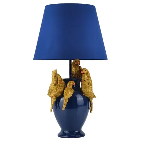Estila Designová glamour stolní lampa Tierra Glam v královské modré barvě s figurami papoušků ve zlaté barvě 55 cm