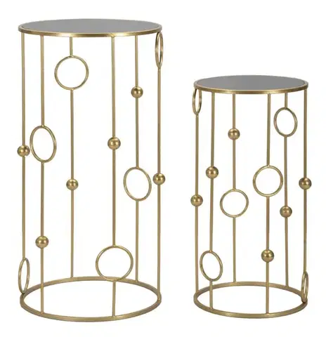 Estila Art deco kulatý set dvou kovových zlatých příručních stolků Circle s kruhovými detaily s vrchní zrcadlovou deskou 100 cm