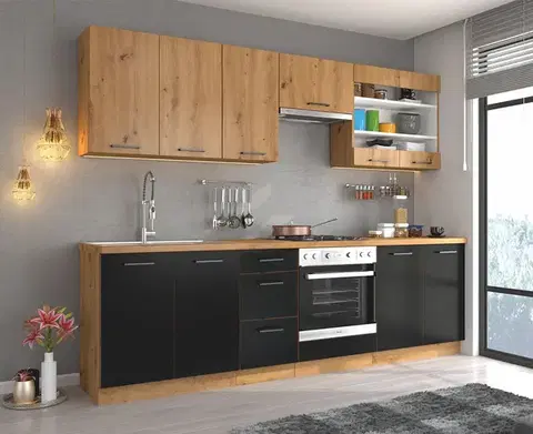 Kasvo MODENA 1 kuchyňská linka 260cm dvířka černé matné / korpus dub artisan