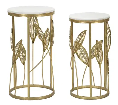 Estila Art deco set dvou kulatých příručních zlatých kovových stolků Natura Elegante s bílou deskou a zlatými listy 65 cm