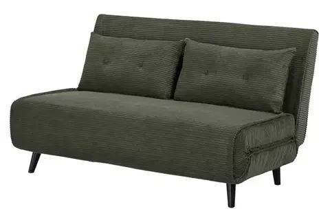 Estila Designové skandinávské rozkládací dvoumístné kordové křeslo Kurt v olivově zelené barvě s černými nožičkami 140 cm
