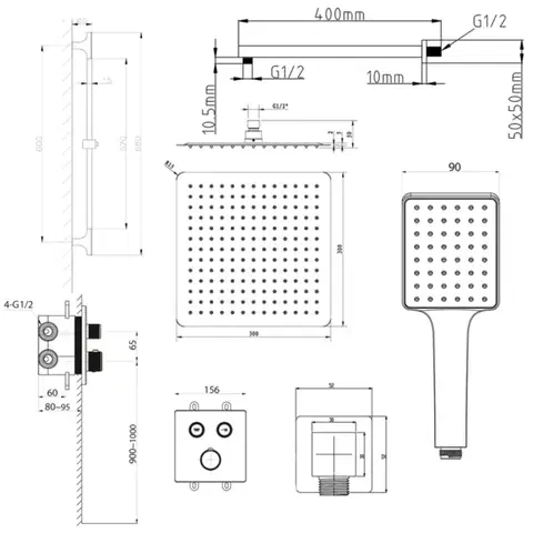 SAPHO SMART SELECT podomítkový sprchový set s termostatickou baterií, 2 výstupy, posuvný držák sprchy, černá mat RP042B-02