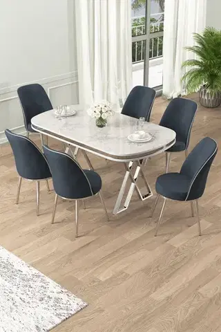 Dining Table & Chairs Set (7 Pieces) Lai - White, Chrome, Anthracite