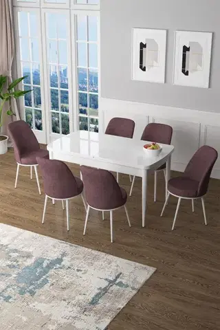 Extendable Dining Table & Chairs Set (7 Pieces) Zen - White, Dusty Rose