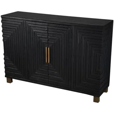 Estila Luxusní art deco dvoudveřový příborník Gaston s vyřezávaným geometrickým zdobením v černé barvě se zlatými detaily 123 cm