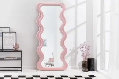 Estila Art deco moderní vysoké zrcadlo Swan s vlnitým rámem v pastelové růžové barvě 160cm
