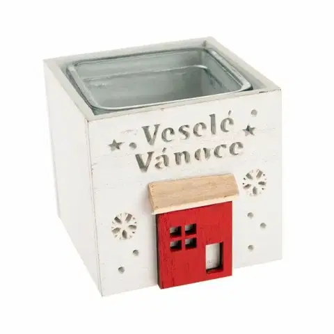 Dřevěný svícen se sklem Veselé Vánoce, 9 x 8,5 cm, bílá