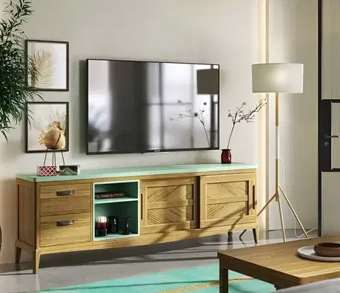 Estila Luxusní venkovský obdélníkový TV stolek Quebec se dvěma posuvnými dvířky a dvěma barvami se dvěma policemi 200 cm