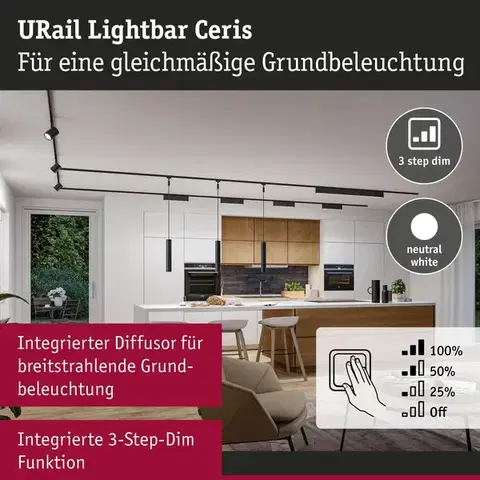 PAULMANN URail Lightbar 3-krokové-stmívatelné Ceris 9,5W 4000K stmívatelné 230V černá mat