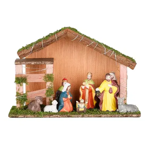 LED dřevěný betlém s porcelánovými figurkami