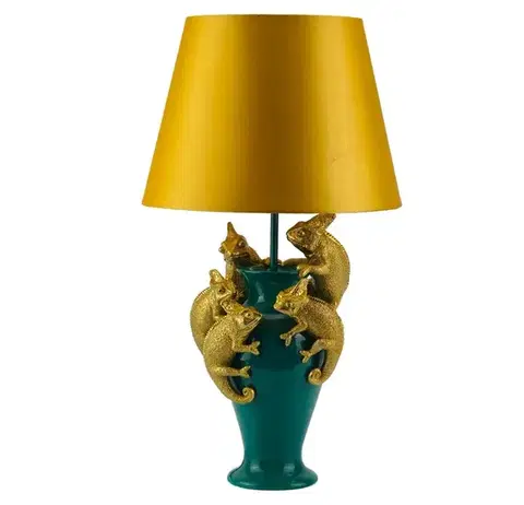 Estila Designová art deco stolní lampa Tierra Glam ve zlaté a zelené barvě s dekorem pěti figur chameleonů 54 cm