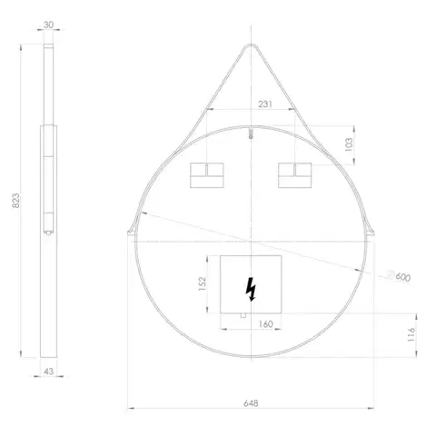SAPHO ORBITER kulaté zrcadlo s LED osvětlením ø 60cm, kožený pásek, černá mat ORL060