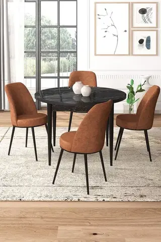 Dining Table & Chairs Set (5 Pieces) Tor - Black Marble, Tile Red