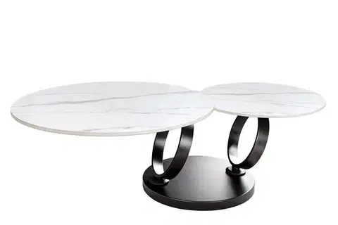 Estila Designový kulatý dvouúrovňový otočný konferenční stolek Delin s bílým mramorovým vzorem s černými nožičkami 80-133 cm