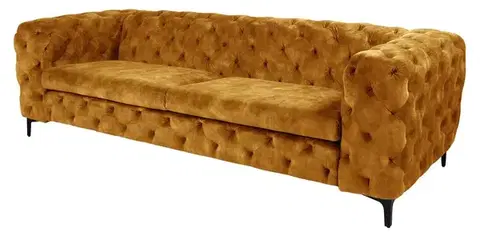 Estila Luxusní třímístná chesterfield sedačka Modern Barock se sametovým potahem s prošíváním v hořčičné barvě s nožičkami 235 cm