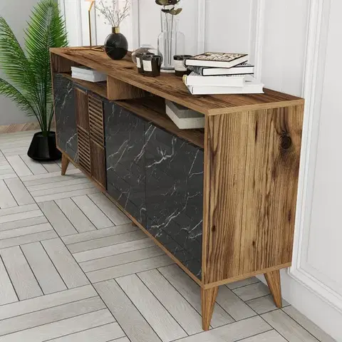 Konzolový stolek Milan - Walnut, Black Marble