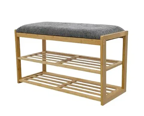 Estila Designová moderní lavice Bobby s šedým čalouněným sedadlem a světlým hnědým bambusovým rámem a dvěma policemi na boty 80 cm