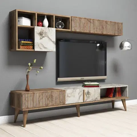 TV stěna / Sestava pod TV Milan - Walnut, White Marble