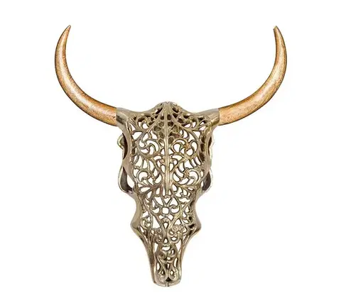 Estila Designová moderní zlatá nástěnná dekorace Bull ve tvaru býčí lebky s ornamentálním zdobením a hnědými dřevěnými rohy 60 cm
