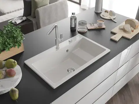 MEXEN Omar granitový dřez 1 s odkapávačem 800 x 480 mm, bílá, sifon chrom 6520801005-20