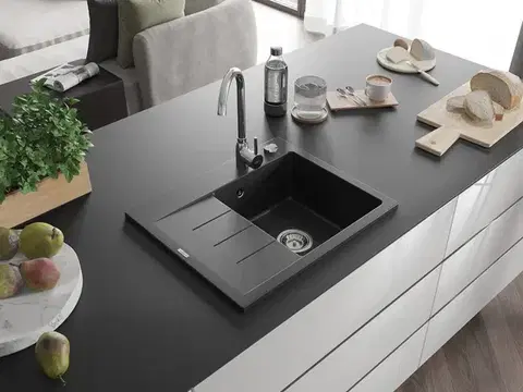 MEXEN Ben granitový dřez 1 s odkapávačem pravý 600 x 500 mm, černá, sifon chrom 6523605000-77